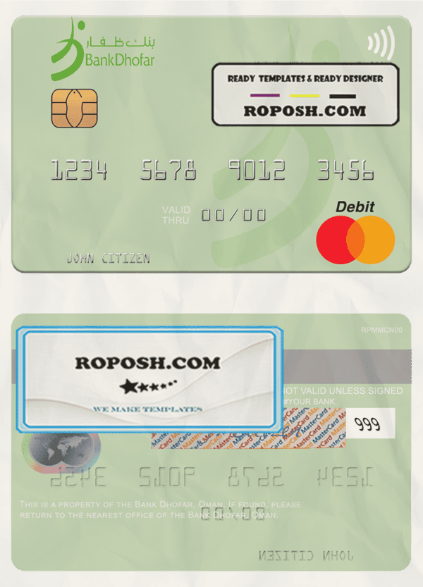 Oman Bank Dhofar mastercard, fully editable template in PSD format