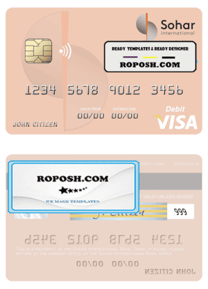 Oman Sohar International Bank visa debit card, fully editable template in PSD format