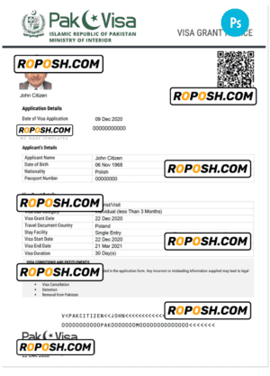 PAKISTAN electronic travel visa PSD template, completely editable, with fonts