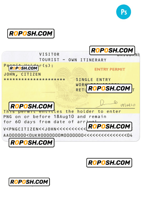 Papua New Guinea tourist visa PSD template, completely editable, with fonts
