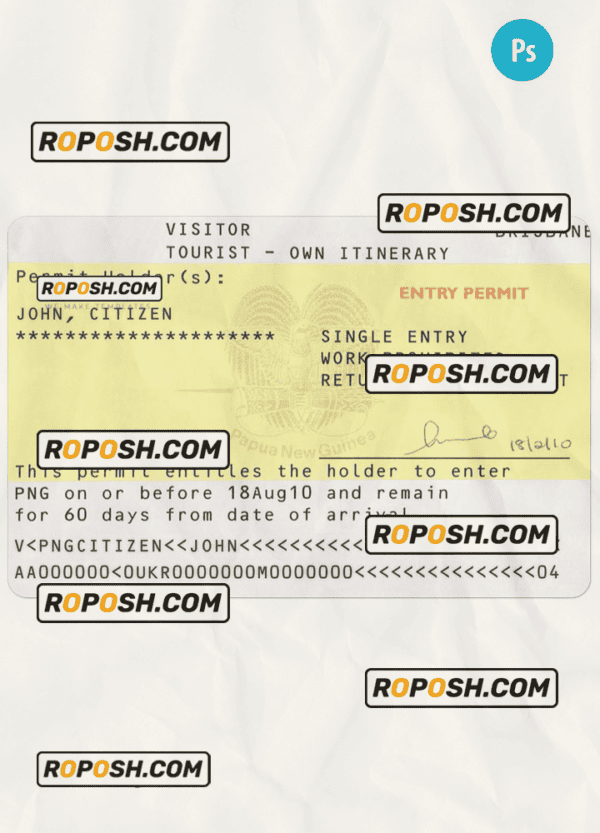 Papua New Guinea tourist visa PSD template, completely editable, with fonts