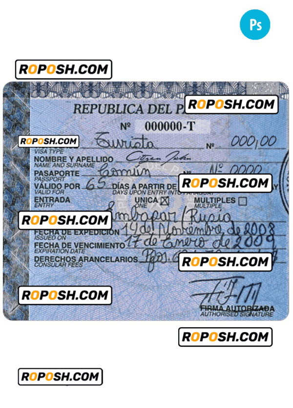PARAGUAY entry visa PSD template, with fonts