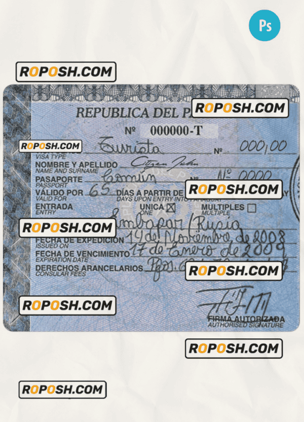 PARAGUAY entry visa PSD template, with fonts