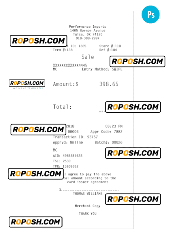 PERFORMANCE IMPORTS receipt PSD template