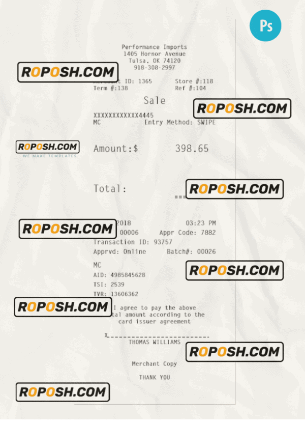 PERFORMANCE IMPORTS receipt PSD template