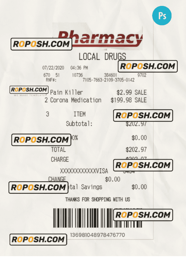 PHARMACY payment receipt PSD template