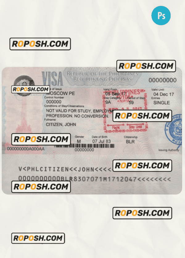 Philippines tourist visa PSD template, fully editable