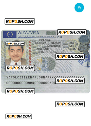 POLAND travel visa PSD template, completely editable, with fonts