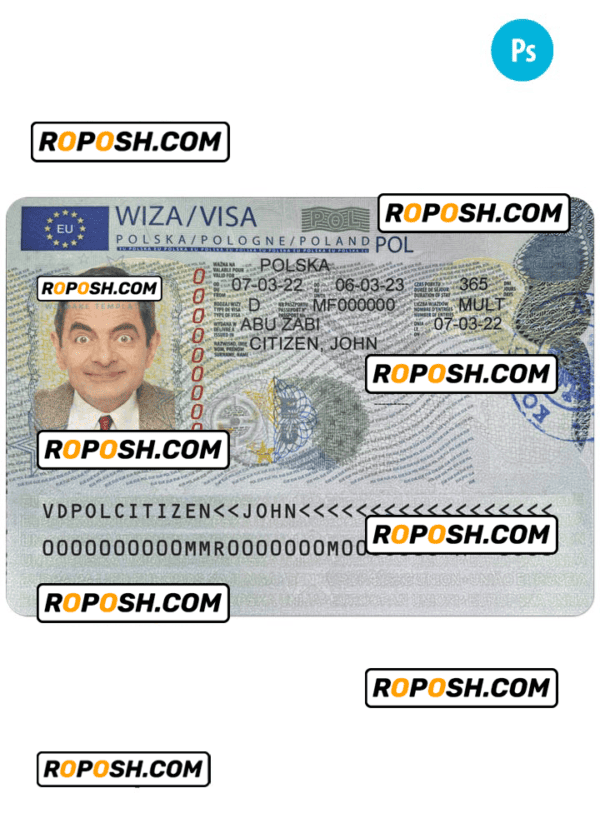POLAND travel visa PSD template, completely editable, with fonts