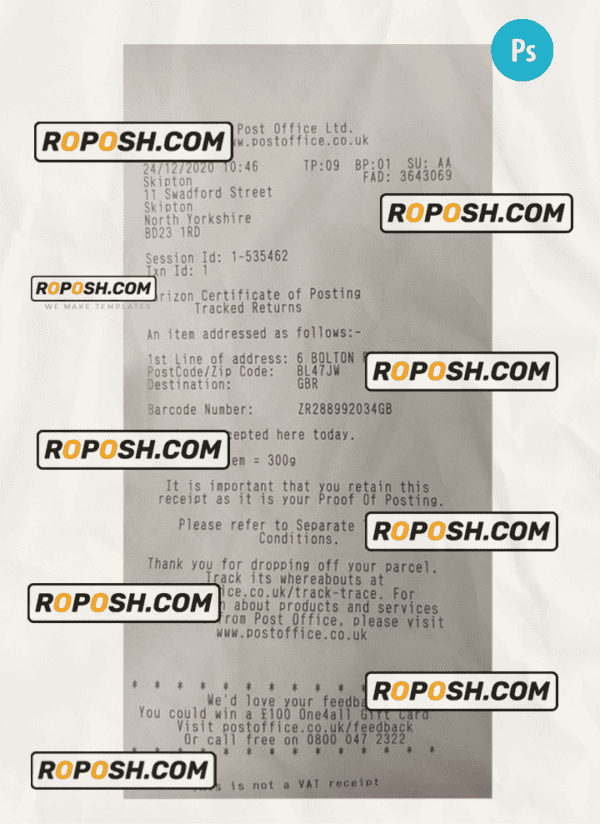 POST OFFICE LTD payment receipt PSD template
