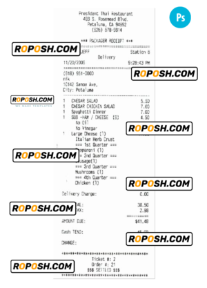 PRESIDENT THAI RESTAURANT payment check PSD template