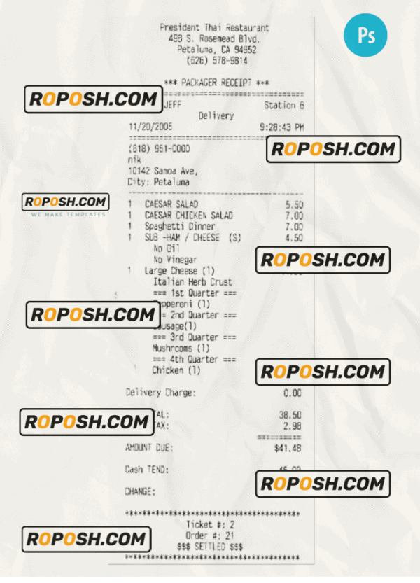 PRESIDENT THAI RESTAURANT payment check PSD template