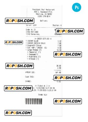 PRESIDENT THAI RESTAURANT payment check version 2 PSD template