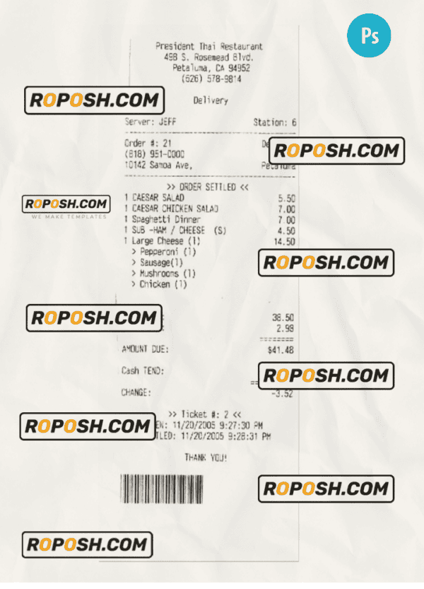 PRESIDENT THAI RESTAURANT payment check version 2 PSD template