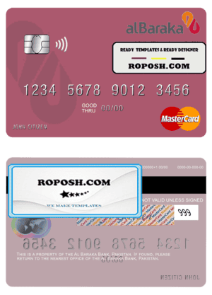 Pakistan Al Baraka Bank mastercard, fully editable template in PSD format