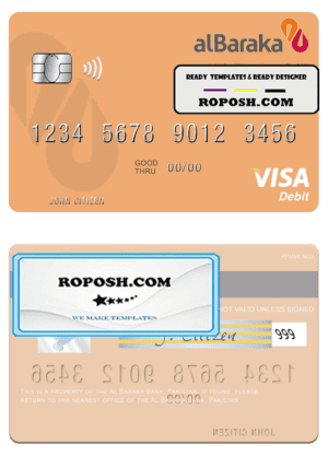 Pakistan Al Baraka Bank visa debit card, fully editable template in PSD format