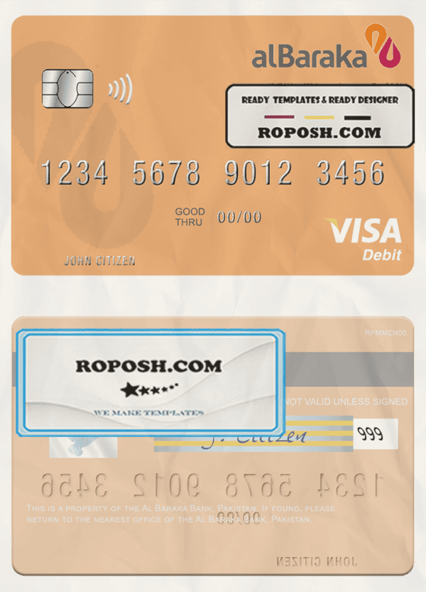 Pakistan Al Baraka Bank visa debit card, fully editable template in PSD format