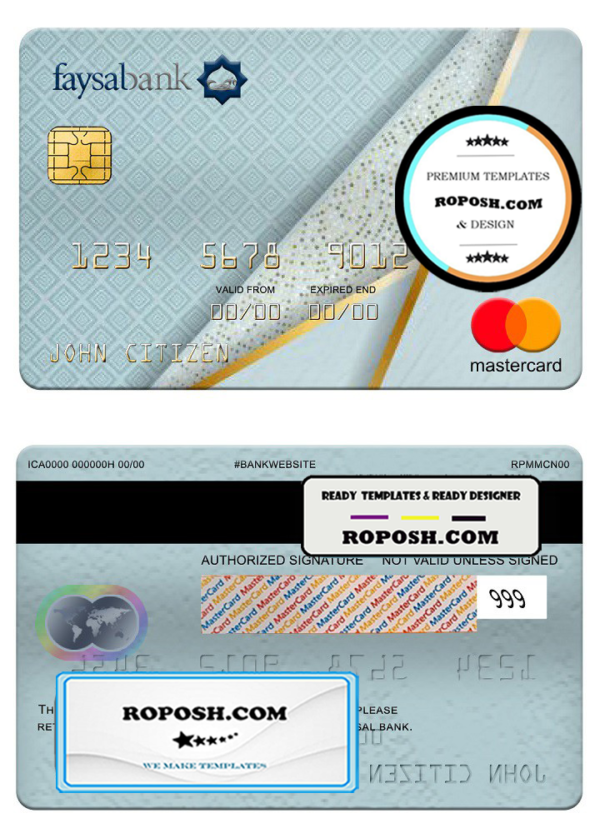 Pakistan Faysal bank mastercard, fully editable template in PSD format