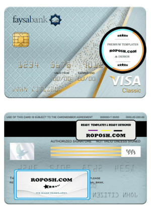 Pakistan Faysal bank visa classic card, fully editable template in PSD format