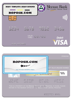 Pakistan Meezan Bank Limited visa debit card, fully editable template in PSD format
