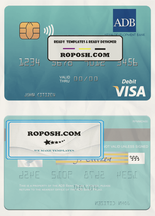 Palau ADB Bank visa debit card, fully editable template in PSD format