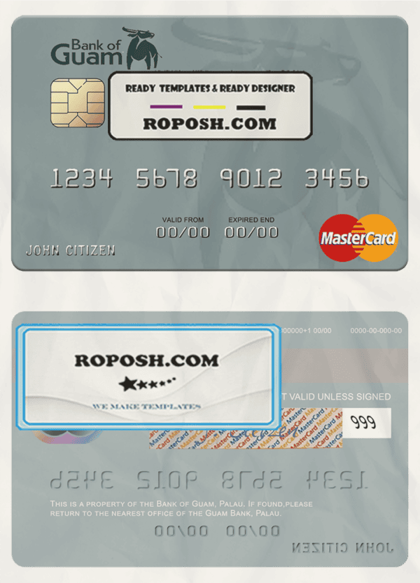 Palau Bank of Guam mastercard, fully editable template in PSD format