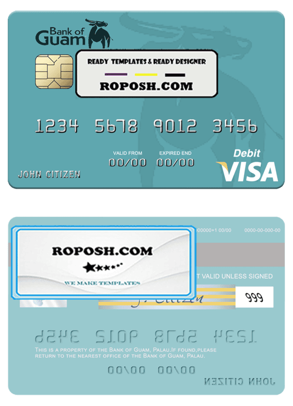 Palau Bank of Guam visa debit card, fully editable template in PSD format