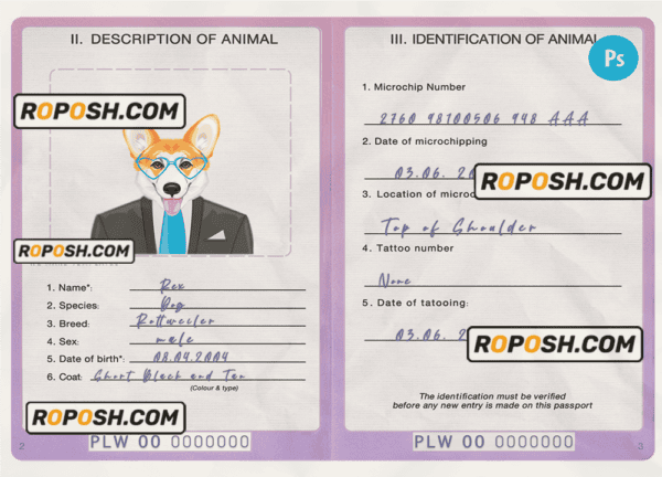 Palau dog (animal, pet) passport PSD template, fully editable