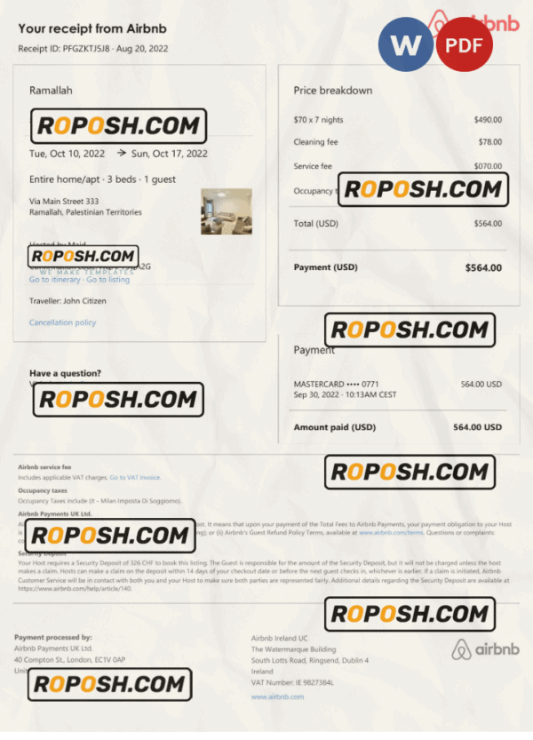 Palestine Airbnb booking confirmation Word and PDF template