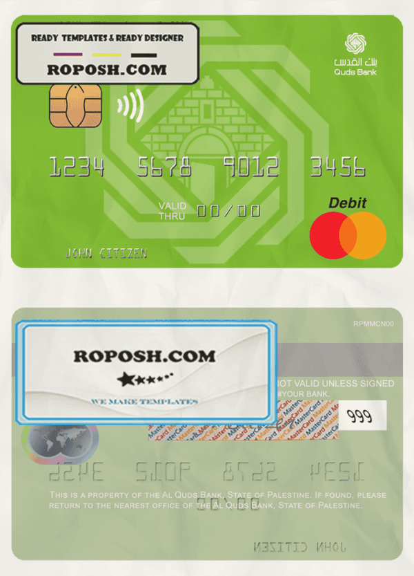 Palestine Al Quds Bank mastercard, fully editable template in PSD format