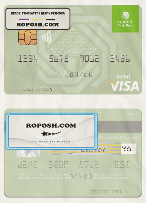 Palestine Al Quds Bank visa debit card, fully editable template in PSD format