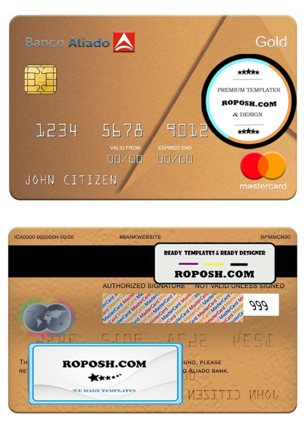 Panama Banco Aliado bank mastercard gold, fully editable template in PSD format