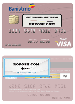 Panama Banco Banistmo visa debit card, fully editable template in PSD format