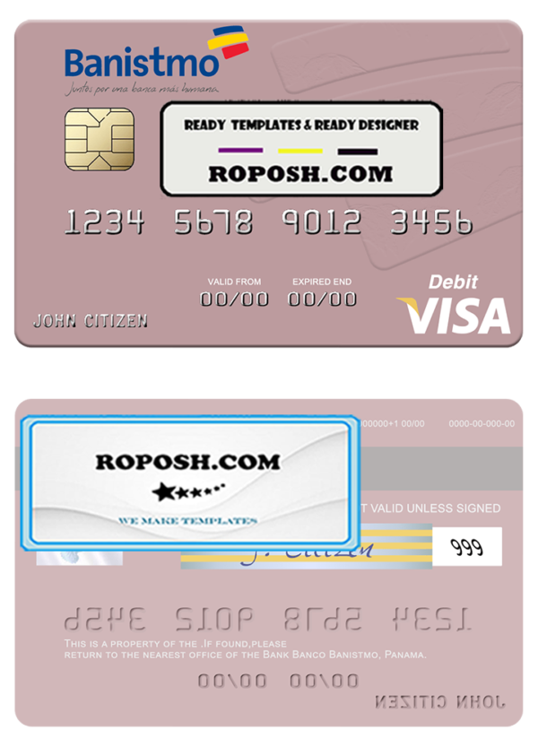 Panama Banco Banistmo visa debit card, fully editable template in PSD format