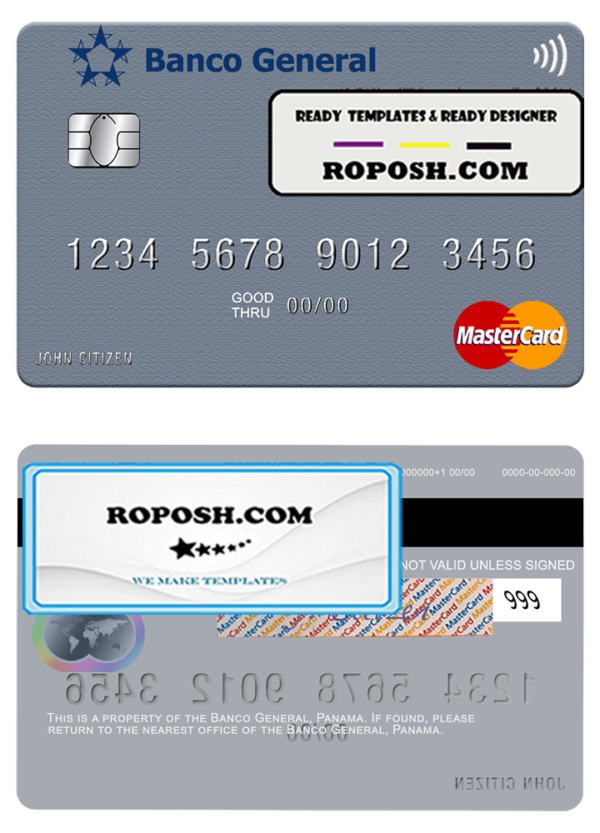 Panama Banco General mastercard credit card template in PSD format