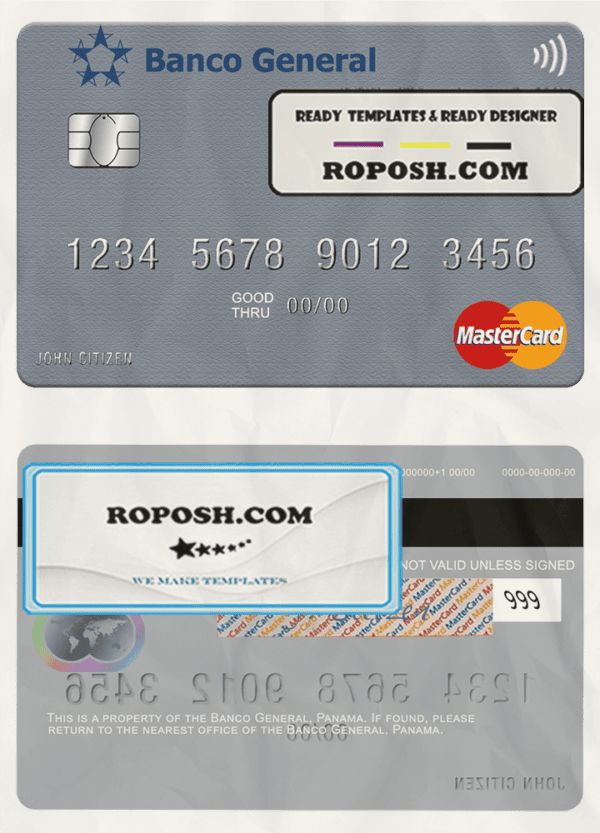 Panama Banco General mastercard credit card template in PSD format