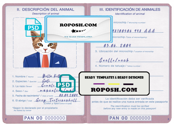 Panama cat (animal, pet) passport PSD template, completely editable