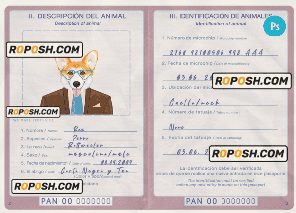 Panama dog (animal, pet) passport PSD template, completely editable