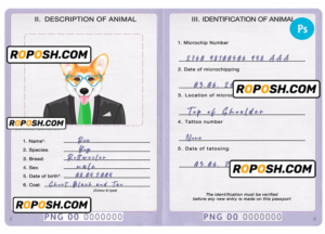 Papua New Guinea dog (animal, pet) passport PSD template, fully editable
