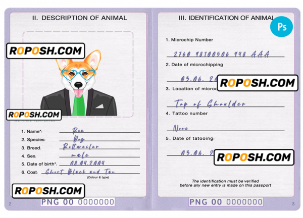 Papua New Guinea dog (animal, pet) passport PSD template, fully editable