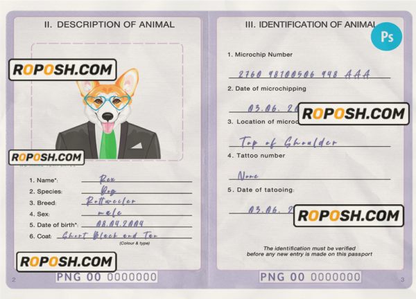 Papua New Guinea dog (animal, pet) passport PSD template, fully editable scan effect