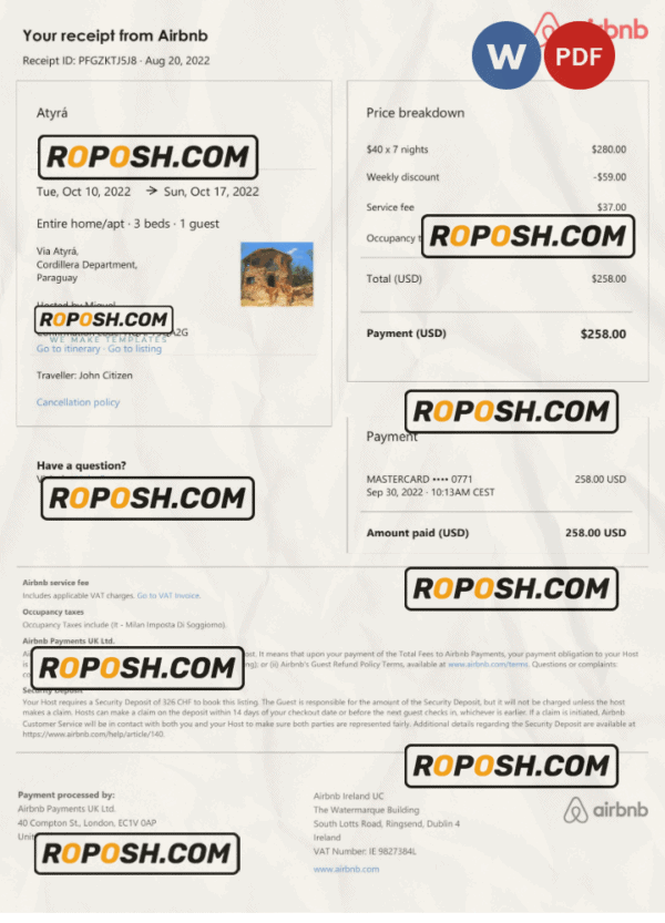 Paraguay Airbnb booking confirmation Word and PDF template