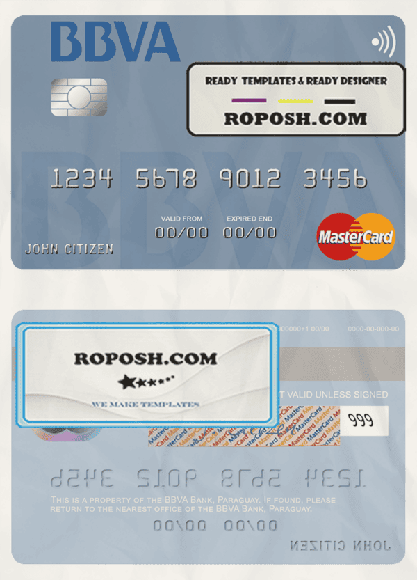 Paraguay Banco BBVA mastercard credit card template in PSD format