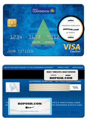 Paraguay Banco Continental S.A.E.C.A. bank visa electron card, fully editable template in PSD format
