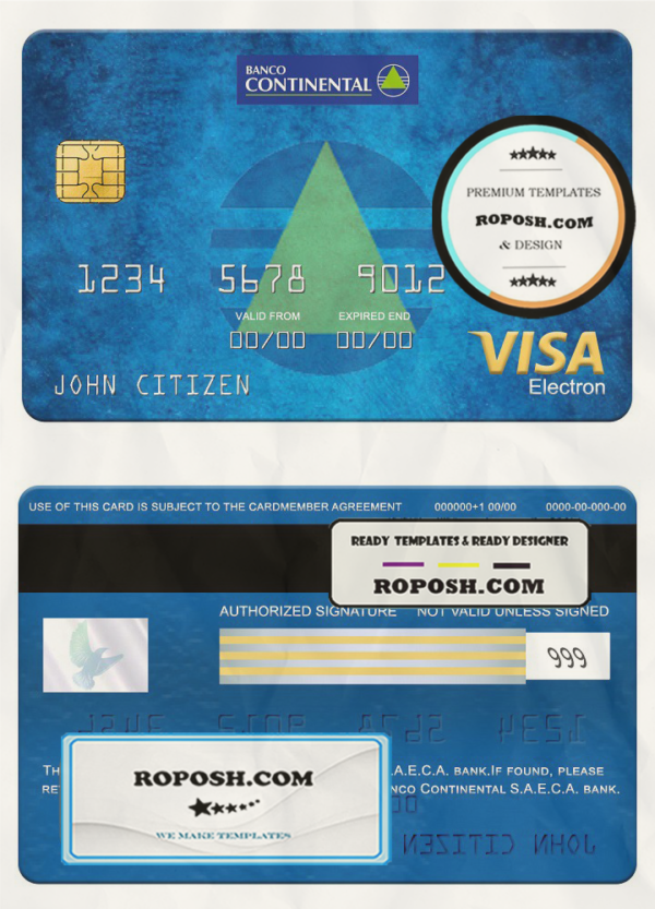 Paraguay Banco Continental S.A.E.C.A. bank visa electron card, fully editable template in PSD format scan effect