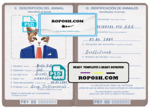 Paraguay cat (animal, pet) passport PSD template, fully editable