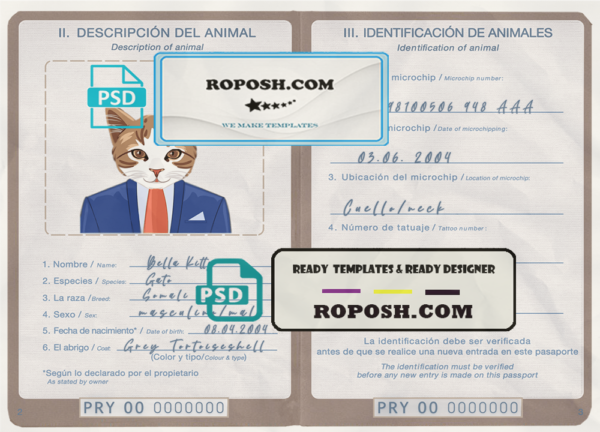Paraguay cat (animal, pet) passport PSD template, fully editable scan effect