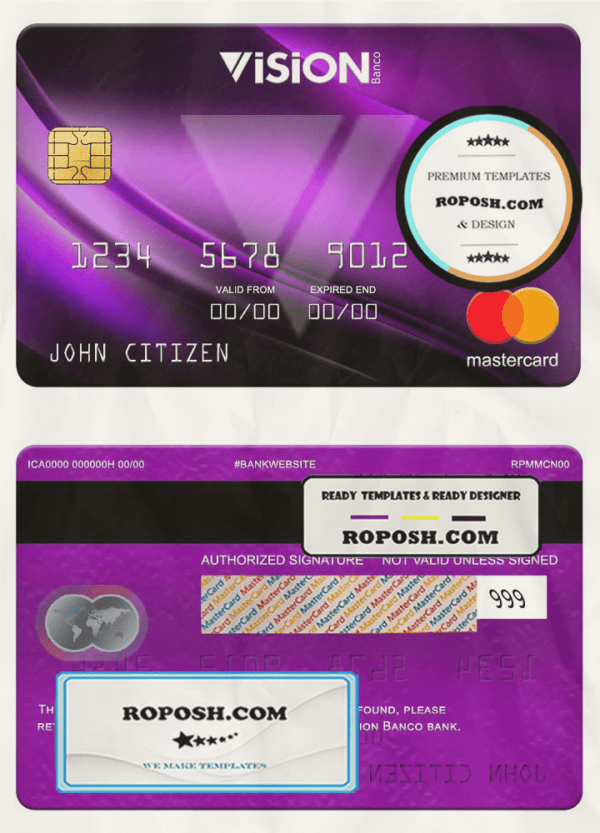 Paraguay Vision Banco bank mastercard, fully editable template in PSD format