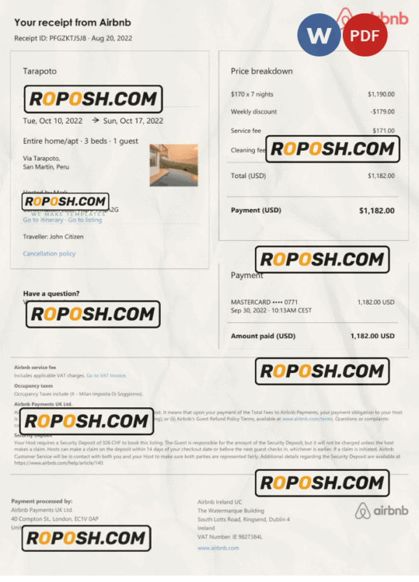 Peru Airbnb booking confirmation Word and PDF template