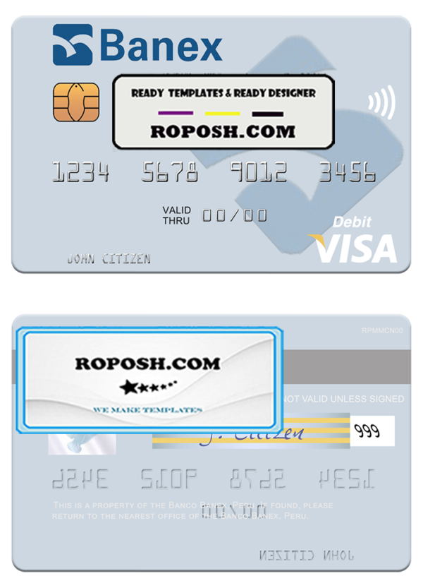 Peru Banco Banex visa debit card template in PSD format, fully editable